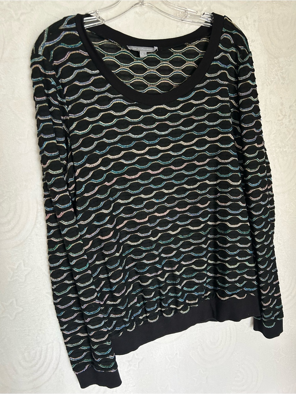 NY Collection Vintage Black Long Sleeve Knit Top with Multicolor Wave Pattern
